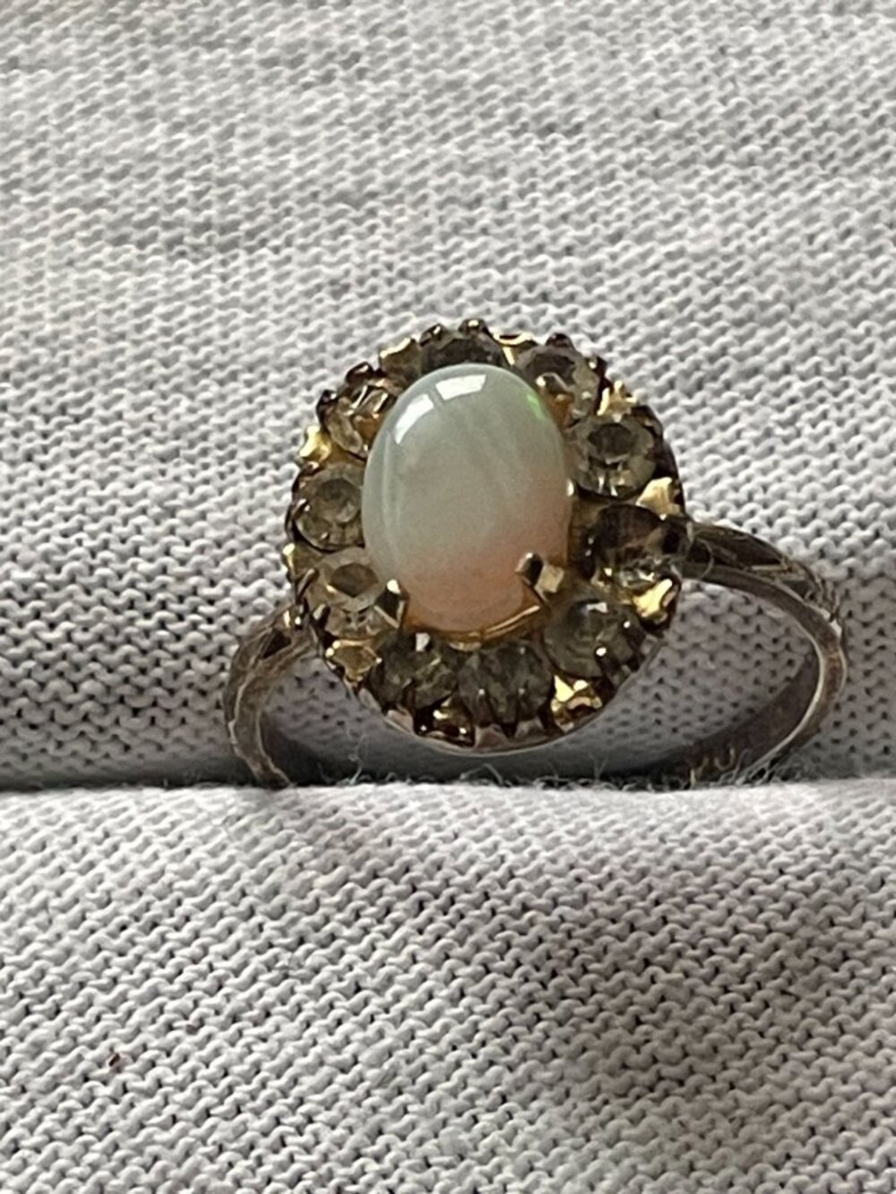 Vintage Signed ESPO Sterling Silver Orange Blossom Opal Rhinestone Halo Ring 6